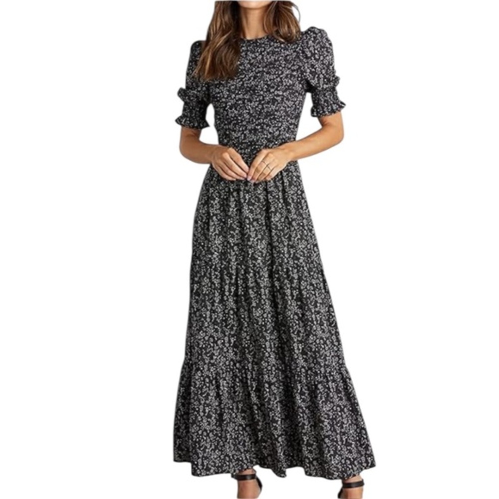 BTFBM Floral Puff-Sleeve Smocked Black Maxi Dress